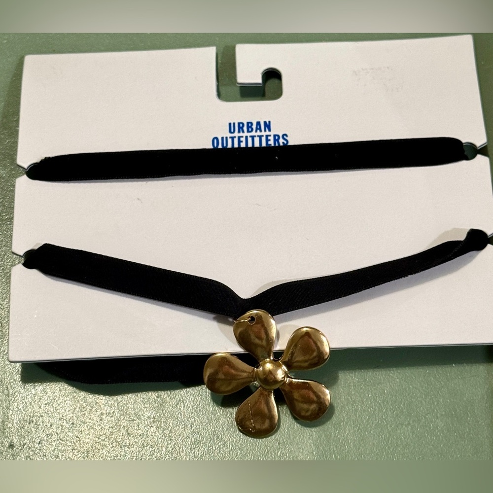 Urban Outfitters Black Wrap Choker with Gold Floral Charm